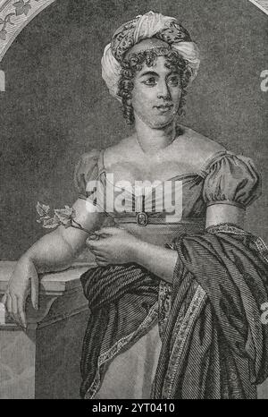 Germaine de Staël (Anne Louise Germaine de Staël-Holstein) (1766-1817), nota come Madame de Staël. Filosofo franco-svizzero, donna di lettere e teorico politico. Famosa per il suo salone letterario a Parigi. Verticale. Incisione. Storia Foto Stock