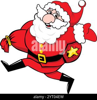 Allegro Babbo Natale corre con sacco Cartoon babbo natale correndo con un sacco regalo. Decorazione vettoriale natalizia su sfondo trasparente Illustrazione Vettoriale