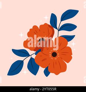 Bellissimo fiore rosso su sfondo rosa. Colori alla moda. Rosehip, rosa, fiore di papavero. Illustrazione Vettoriale