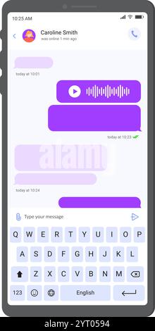 Smartphone che visualizza una conversazione di chat con messaggio audio, bolle di testo e una tastiera virtuale per la digitazione, illustrando i moderni dispositivi mobili Illustrazione Vettoriale