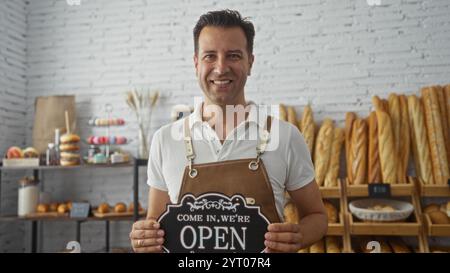 Uomo ispanico sorridente in una panetteria con un cartello aperto con vari tipi di pane e dolci in mostra, che mostra un'atmosfera accogliente in un negozio al coperto Foto Stock