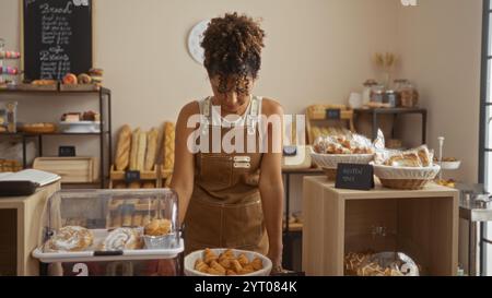 Giovane donna che lavora in una panetteria circondata da dolci e pane, guardando i croissant organizzati di fronte a lei in un negozio al coperto Foto Stock