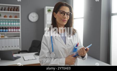 Medico donna in camice bianco con stetoscopio si trova con fiducia in un moderno ufficio clinico con appunti, radiando professionalità, intelligenza e. Foto Stock