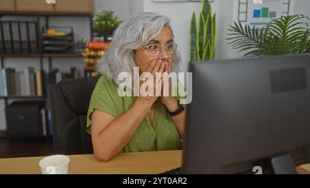 Donna che sembra scioccata in un ufficio con una camicetta verde e capelli grigi, mani che coprono la bocca mentre è seduta a una scrivania con scaffali e pla Foto Stock
