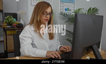 Donna che lavora a una scrivania in un ufficio, scrive su un computer, indossa occhiali e una camicia bianca, circondata da piante interne e arredi moderni. Foto Stock