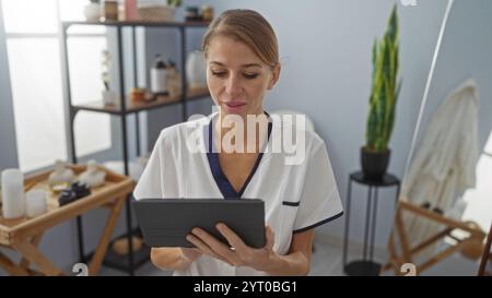 La donna in spa che indossa l'uniforme usa un tablet in un moderno centro benessere circondato da piante e scaffali, incarnando un ambiente di bellezza sereno e professionale Foto Stock