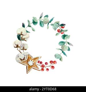 Corona di Natale con eucalipto, pan di zenzero, cotone, bacche rosse, acquerello. Illustrazione vettoriale disegnata a mano isolata su bianco. Per i biglietti di Capodanno, Illustrazione Vettoriale