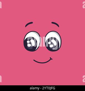 Il volto di un cartone animato mostra un'espressione sorprendente e felice, con occhi grandi ed espressivi e un sorriso dolce, che trasmette emozioni positive e un senso Illustrazione Vettoriale