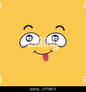 Giocoso volto dei cartoni animati con la sua lingua, che trasmette un senso di gioia, sobrietà e leggerezza, su uno sfondo giallo vibrante Illustrazione Vettoriale