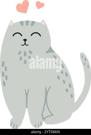 L'affascinante illustrazione vettoriale mostra un gatto grigio simpatico seduto contento, piccoli cuori che fluttuano sopra la sua testa, simboleggiando l'amore e l'affetto in un Illustrazione Vettoriale
