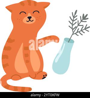 Illustrazione a cartoni animati con un gatto di zenzero che punta felicemente verso un vaso azzurro pieno di una pianta stilizzata, il tutto a contatto con un bianco pulito Illustrazione Vettoriale