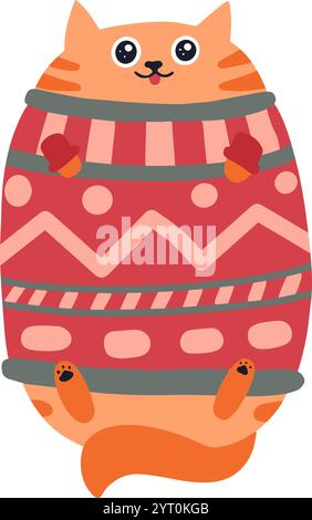 Divertente illustrazione a cartoni animati con un gatto zenzero paffuto che indossa un maglione natalizio rosso vivace adornato con giocosi motivi geometrici, orgogliosamente Illustrazione Vettoriale