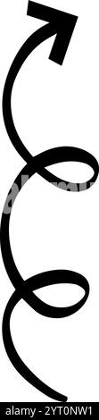 Freccia nera disegnata a mano che ruota verso l'alto, creando un percorso visivamente interessante con le sue linee curve, che suggerisce una traiettoria tortuosa o un percorso unico Illustrazione Vettoriale