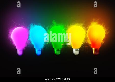 Le lampadine creative dai colori vivaci si gonfiano con vernice asciutta su sfondo nero, Concept. Idea creativa e pensiero diverso. Pensa. Elettricità Foto Stock