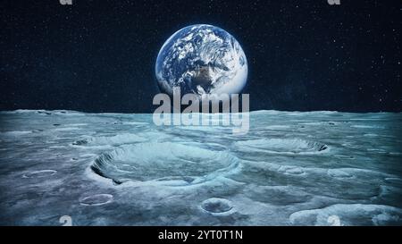 Superficie della luna vista con crateri nello spazio con stelle e pianeta. Vista del pianeta Terra dalla luna Foto Stock