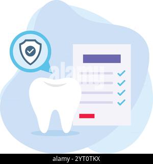 Anamnesi dentale, concetto di rapporto di valutazione e diagnosi, disegno dell'icona del colore del documento di richiesta di assicurazione, simbolo odontoiatrico, segno sanitario, Illustrazione Vettoriale