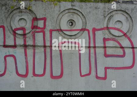 Lettere grigie trasparenti e sottili linee rosse. I graffiti raffiguranti la parola sono dipinti su una recinzione di cemento bianca e grigia. Foto Stock