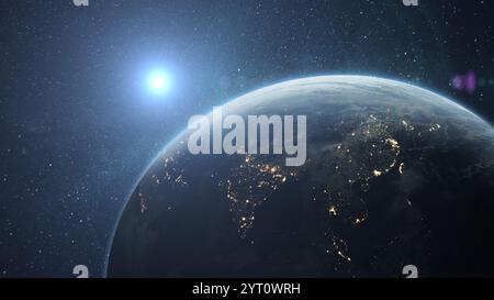 Bellissimo pianeta blu Terra con le luci delle città notturne con un sole luminoso e luminoso in un cielo stellato. Incredibile pianeta notturno Terra in vista dell'India, CH Foto Stock