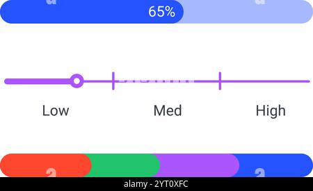 Gli elementi infografici vettoriali mostrano i progressi con diagrammi colorati, grafici del dashboard statistiche, da basso ad alto e una percentuale di caricamento a barre a. Illustrazione Vettoriale