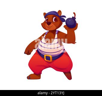 Cartone animato orso divertente personaggio pirata animale che indossa bandana e tiene in mano una bomba. Corsaro vettoriale isolato con canotta a righe, pantaloni rossi brillanti e gamba in legno che donano un senso di avventura Illustrazione Vettoriale