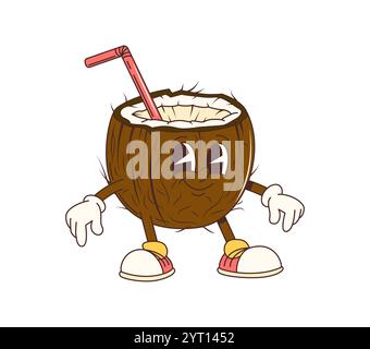 Personaggio cartoni animati di succo di cocco con faccia divertente e sorriso, personaggio vettoriale. Cocktail di cocco cartoni animati con cannuccia da bere e faccia felice per i viaggi di vacanza e il carattere funky del tempo libero Illustrazione Vettoriale