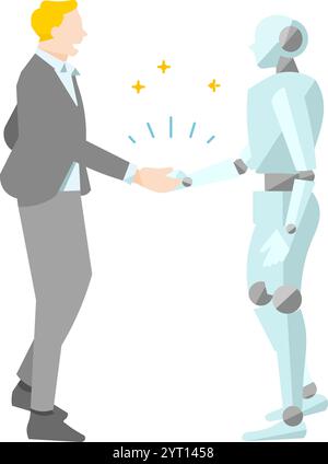 Uomo d'affari e robot stringono la mano all'avvio - il team di sviluppo lavora insieme - illustrazione vettoriale Illustrazione Vettoriale