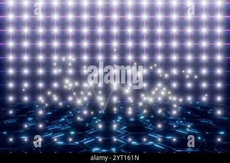 Sfondo digitale astratto con luci brillanti, motivi netti ed esagonali.rendering 3d. Foto Stock