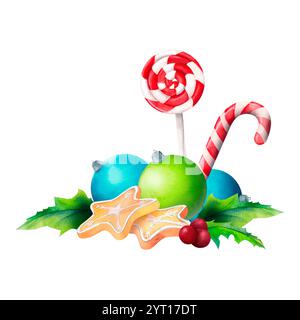 Baule natalizie, canna da zucchero e pan di zenzero: Un acquerello raffigurante ornamenti rossi, verdi e turchesi, biscotti stellati e rametti di agrifoglio. Ideale f Foto Stock