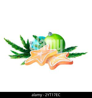 Palline di Natale turchesi e verdi, rami di abete di conifere e una stella di pan di zenzero. Clipart invernale grafica acquerello. Ottimo per l'arredamento di Capodanno, Card Foto Stock
