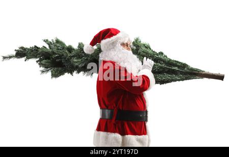 Babbo Natale porta un albero di natale sulla spalla isolato su sfondo bianco Foto Stock