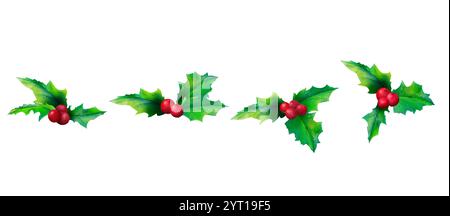 Set invernale Holly Leaf. Illustrazione ad acquerello della clip art del verde festino con foglie verdi vibranti e frutti di bosco rossi. Ideale per il confezionamento natalizio Foto Stock