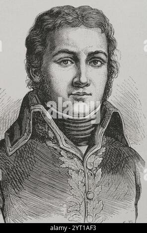 Victor Moreau (Jean Victor Marie Moreau) (1763- 1813). Generale francese che aiutò Napoleone Bonaparte a salire al potere, ma in seguito divenne il suo principale rivale militare e politico e fu bandito negli Stati Uniti. Verticale. Incisione. "Storia della Rivoluzione francese". Volume i, parte 2, 1879. Foto Stock