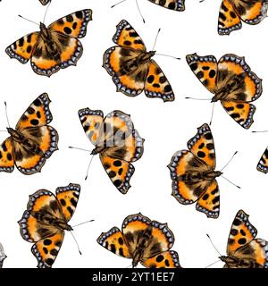 Farfalla Monarch, motivo ad acquerello senza cuciture su sfondo bianco. Insetti con le ali. Per decorazioni floreali, mazzi, cartoline, adesivi, stampa tipografica, tessile Foto Stock