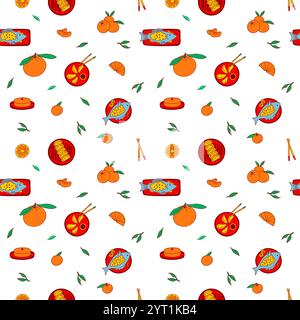 Cibo tradizionale cinese Capodanno senza cuciture. Capodanno lunare ornamento senza fine. Illustrazione Vettoriale