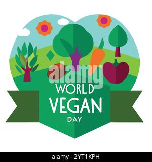 Illustrazione del World Vegan Day con verdure fresche e frutta a forma di cuore Illustrazione Vettoriale