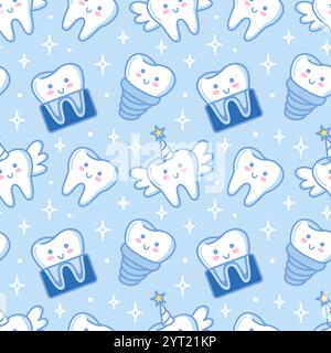 Motivo adorabile e affascinante con denti deliziosi, vari strumenti dentali e stelle colorate su sfondo blu Illustrazione Vettoriale