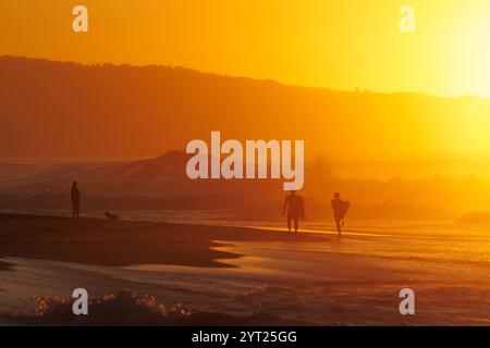 1 dicembre 2024. Ehukai Beach Park, HI. Due surfisti e una persona con un cane camminano sulla spiaggia al tramonto sulla costa nord di Oahu, HI. Foto Stock