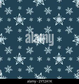 Fiocchi di neve natalizi di colore azzurro. Acquerello minimalista disegnato a mano motivo invernale senza cuciture su sfondo blu scuro. Per il nuovo anno, l'avvolgimento, la tovaglia, il tessuto, il tessuto e il design. Foto Stock