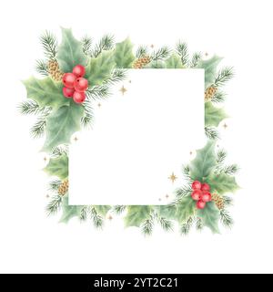 Tessera di Natale modello quadrato con bacche e foglie di agrifoglio, rami di abete rosso e coni. Illustrazione isolata ad acquerello disegnata a mano con spazio vuoto per il testo dei biglietti di auguri e dei disegni di Capodanno. Foto Stock