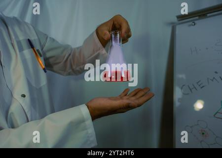 Uno scienziato lavora con provette contenenti liquidi colorati in un laboratorio, circondate da varie apparecchiature di laboratorio. La scena enfatizza la professionalità Foto Stock