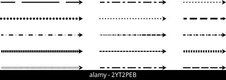 Collezione di frecce dritte tratteggiate sottili. Serie di frecce tratteggiate lunghe nere. Pacchetto di elementi a strisce lineari per opuscoli, poster, brochure, opuscoli, banner. Disegnare puntatori o linee di direzione. Vettore Illustrazione Vettoriale