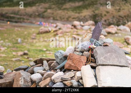 Piramidi di pietra intorno al percorso dei kora intorno al monte Kailash, Tibet occidentale, copia spazio per il testo Foto Stock