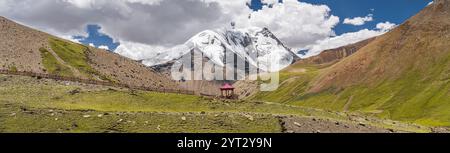 Il monte Togolung alto 6773 m, a sinistra, e il monte Nojin Kangsang alto 7206 m e il ghiacciaio, a destra, sono visibili verso il passo Karo-la nell'Himalaya Lhagoi K Foto Stock