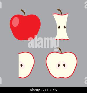 Set di mele rosse. Arte di sfondo grigio. Design del vettore di frutta. Concetto di cibo sano. Illustrazione Vettoriale