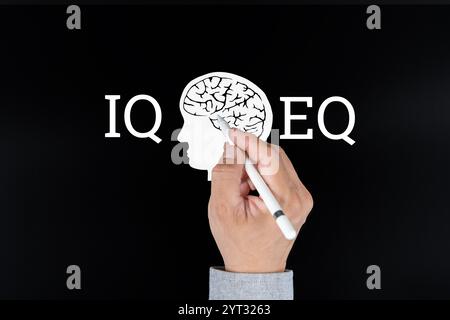 IQ sa come EQ ti conosce. Concetto di quoziente emotivo e di intelligenza. Copia spazio. Studio didattico abilità di apprendimento equilibrio mantile mentalità innovazione Foto Stock