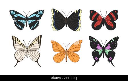 Set di farfalle colorate e realistiche. Farfalle tropicali isolate su sfondo bianco. Illustrazione Vettoriale