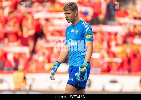 Lodz, Polonia. 23 agosto 2024. Maciej Kikolski di Radomiak visto durante la partita polacca di PKO Ekstraklasa League tra Widzew Lodz e Radomiak Radom allo stadio municipale di Widzew Lodz. Punteggio finale; Widzew Lodz 3:2 Radomiak Radom. (Foto di Mikolaj Barbanell/SOPA Images/Sipa USA) credito: SIPA USA/Alamy Live News Foto Stock