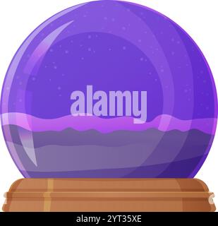 Sfera di vetro viola con base in legno su sfondo bianco. Illustrazione del cartone animato isolata su bianco. Illustrazione Vettoriale