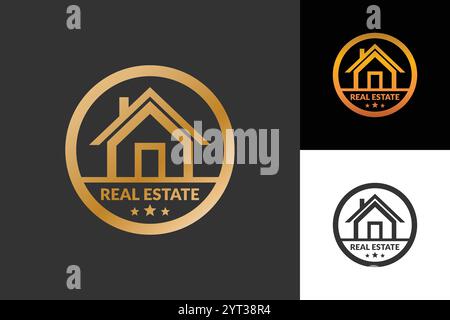 Un logo circolare con l'icona di una casa e le parole "real estate", che indicano un'azienda immobiliare. Illustrazione Vettoriale