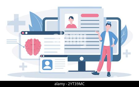 Concetto di neurologo online. Uomo in uniforme medica vicino struttura e diagramma del cervello. Anatomia e biologia. Operatore sanitario e medicina, ospedale Illustrazione Vettoriale